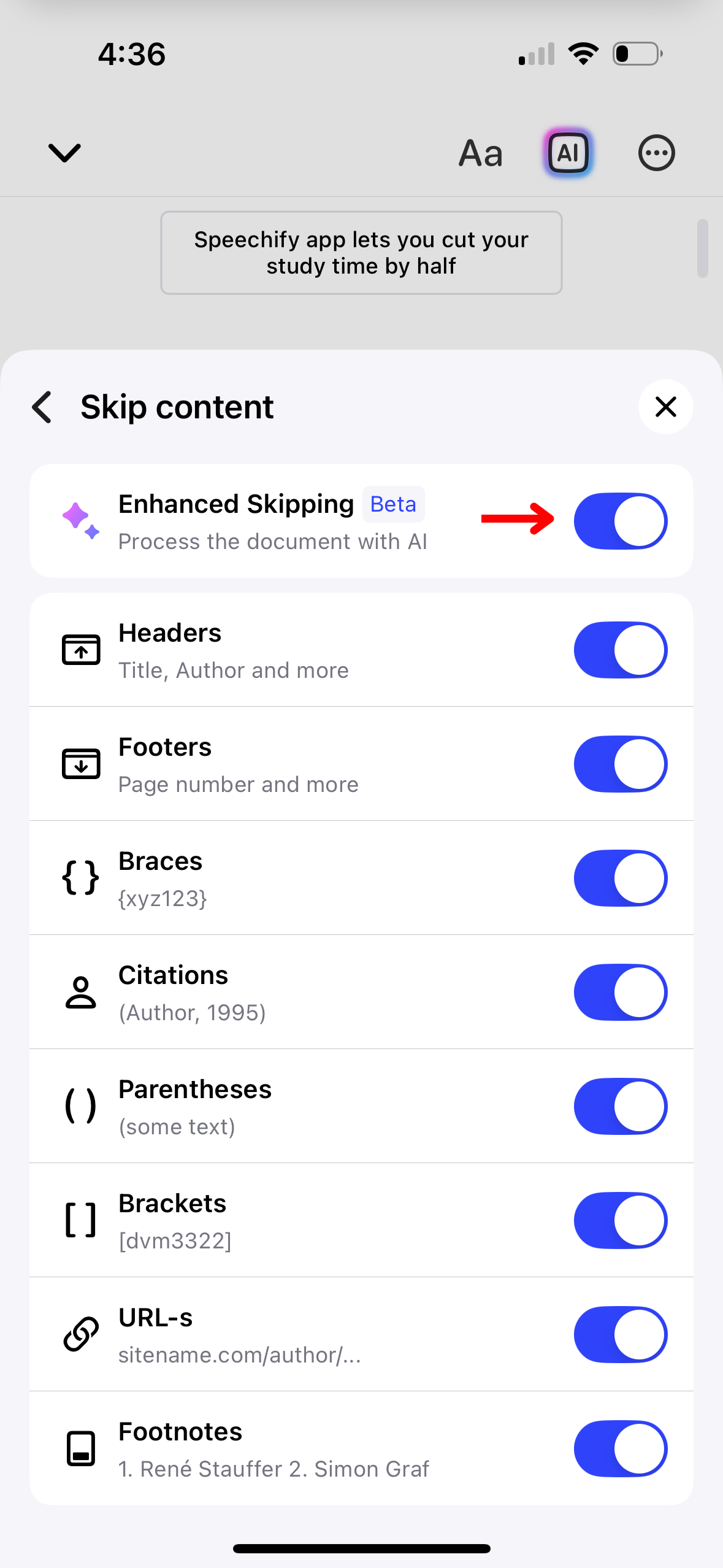 Skip Content Settings on the Speechify iOS App